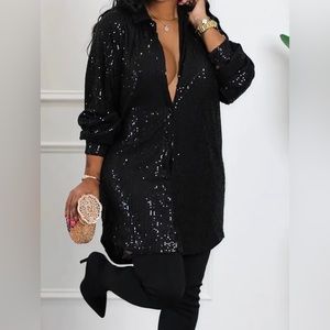 Plus Size Casual Black Sequin V Neck Long Sleeve Shirts Mini Dress